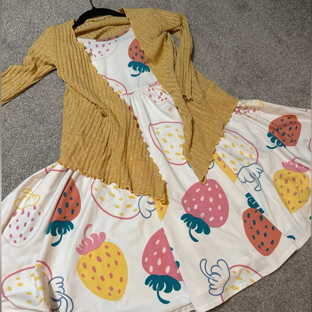 DotDotSmile Colorful Strawberry Print Dress with Yellow Cardigan, size 8/10